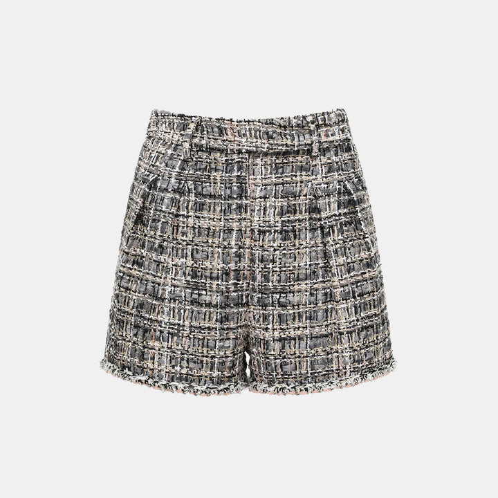 “Knightsbridge citywalk.” Tweed shorts 