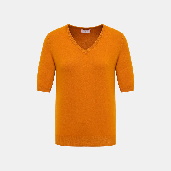 “Cash-In Collection 財“ 100% Baby Cashmere 五分袖V領上衣（Yarn by Loro Piana）— 南瓜橘