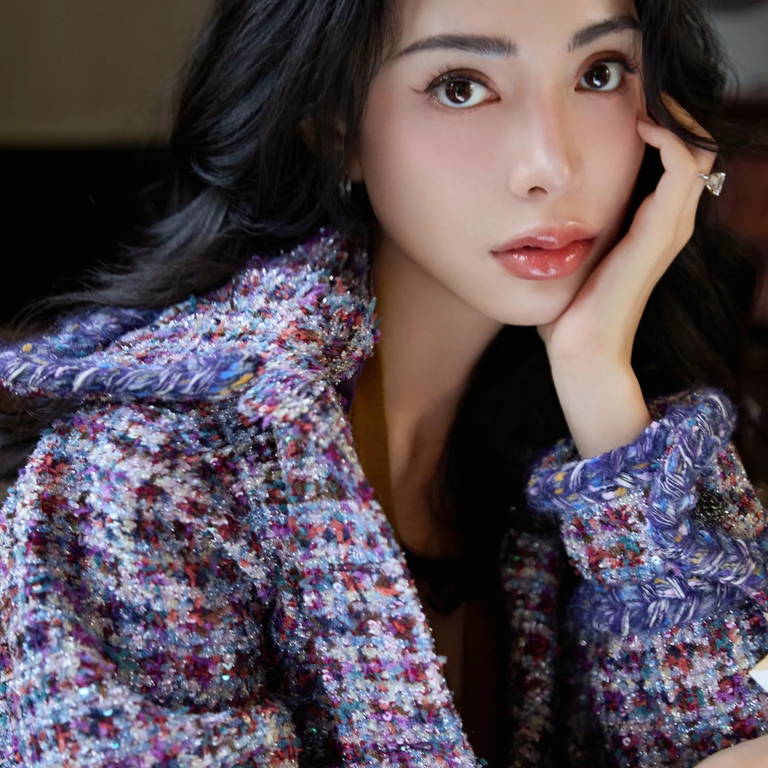 "Tokyo'Hours" Oversized Tweed Jacket—Blueberry cupcake