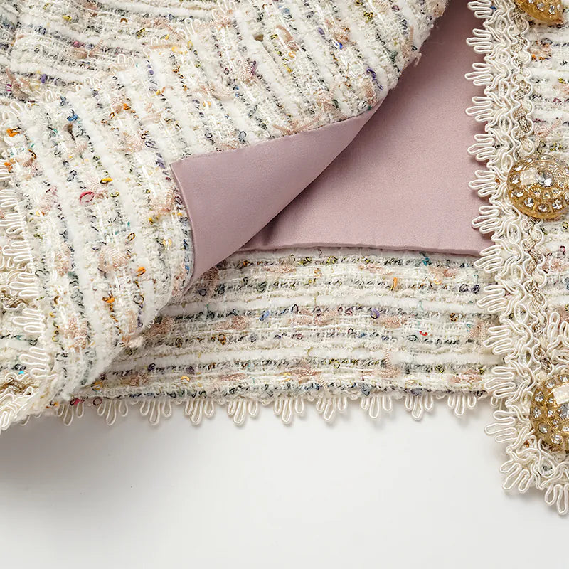 "Chelsea Citywalk" Lace-trimmed Tweed Short Jacket - Crème Brûlée 