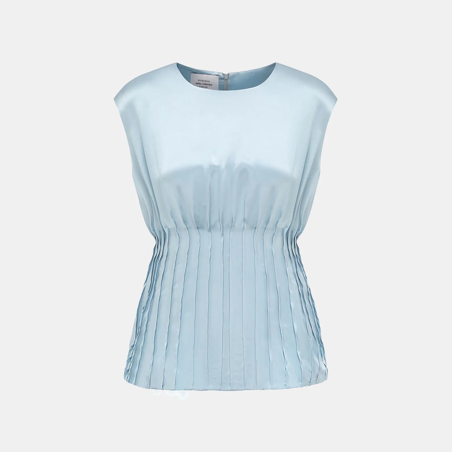 “Date night elegance. ” 100% 真絲立褶上衣— 天藍