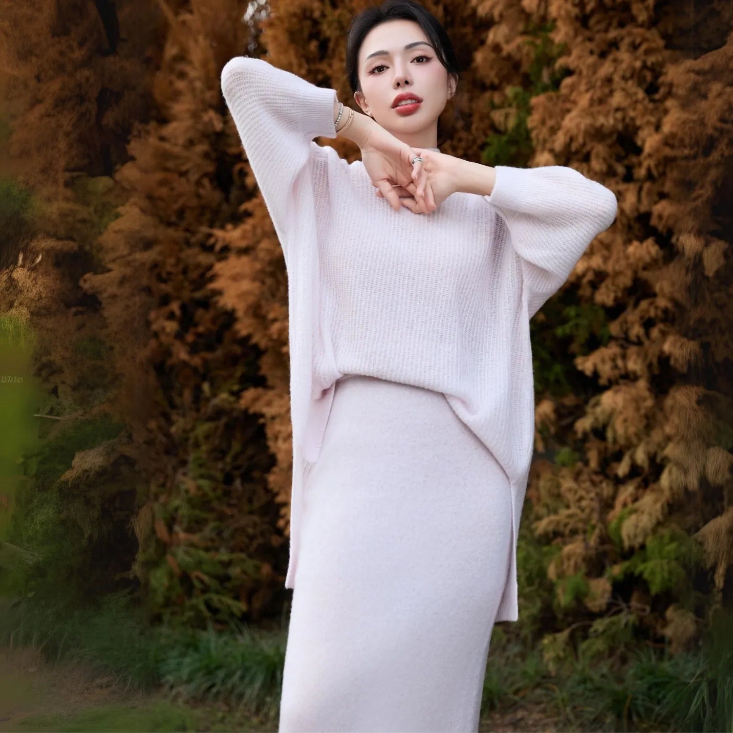 Autumn Diary Silk Cashmere Pencil Skirt—Rose Water 