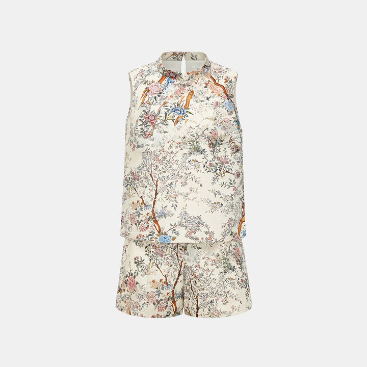 “春日旅行” 義大利定位印花真絲國風套裝— 牡丹