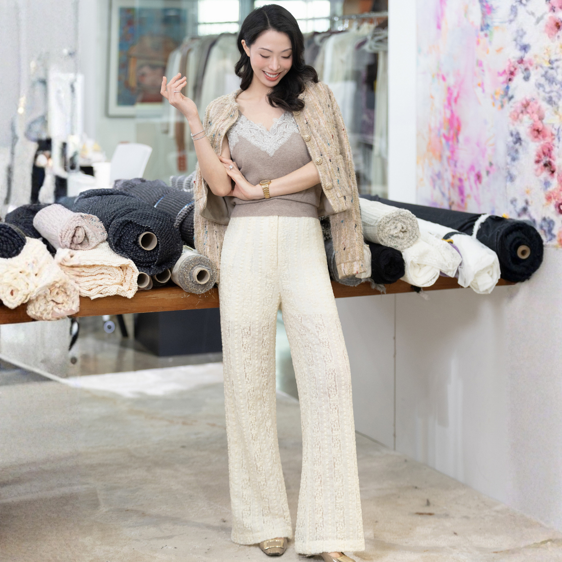 "Quiet Mastery."義大利立體點花勾織星點蕾絲長褲—Velvet Moon暖月低語