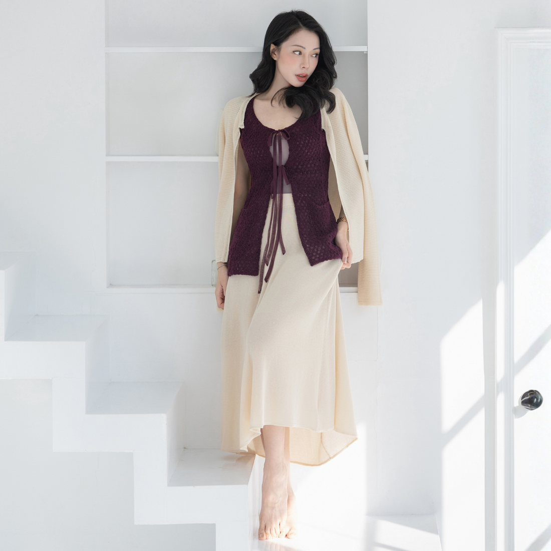 “Spring Diary”真絲長絨棉細針柔感星點針織裙—Sunlit Grain 日映穀影