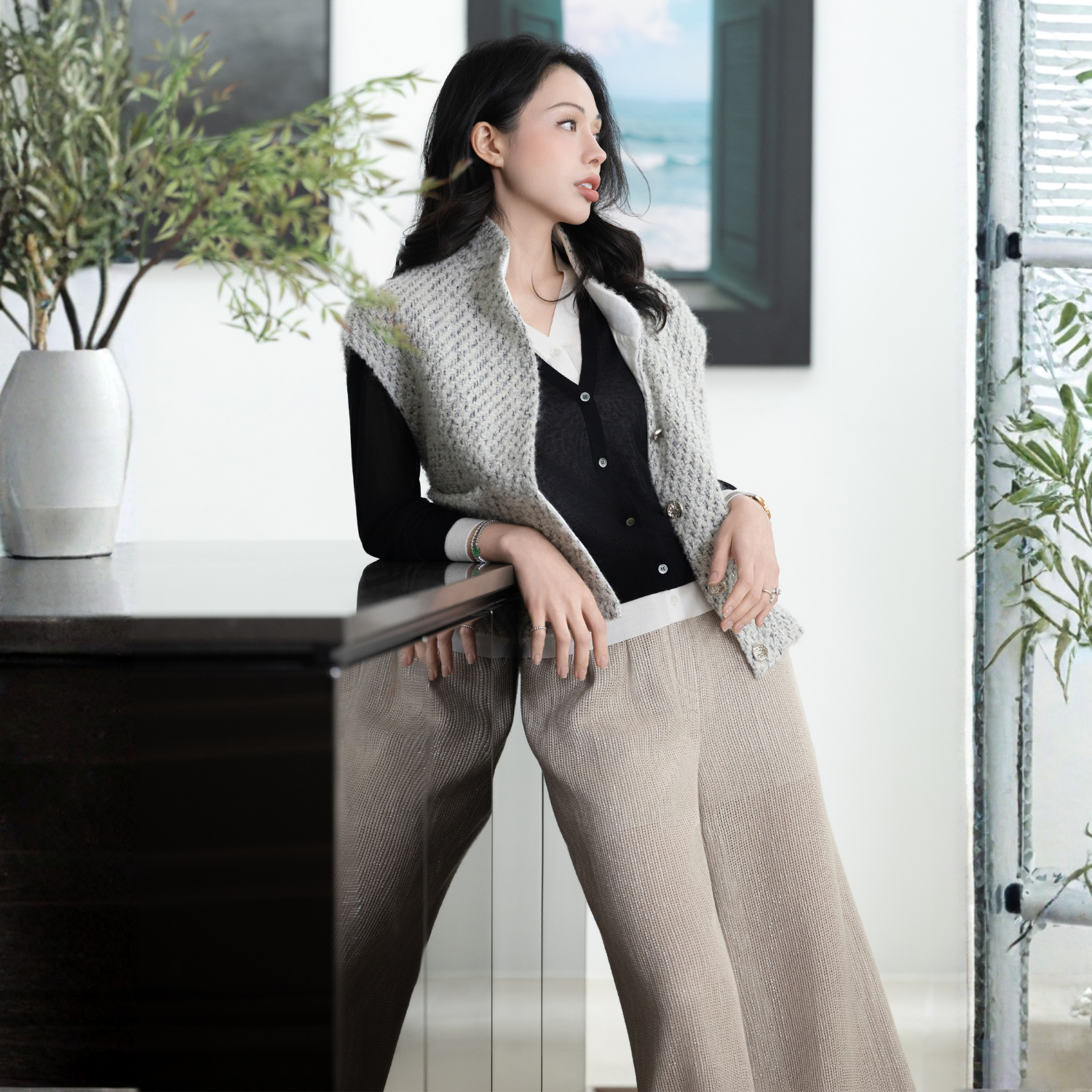 “Weekend at Monaco”日本銀光織格特殊剪裁闊腿褲—Sand Luster 砂光微映