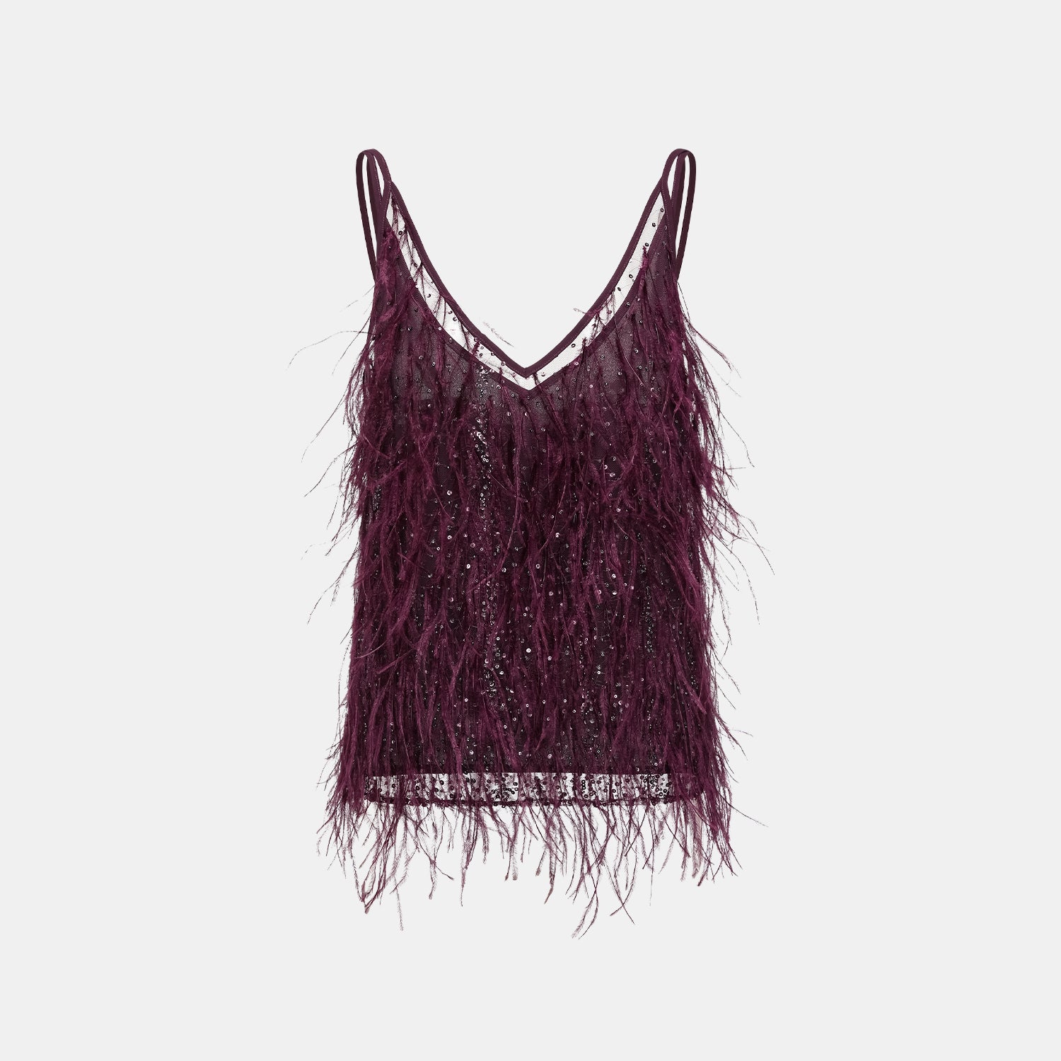 “Welcome to my party.” 珠繡羽毛工藝細肩帶背心—Wine.