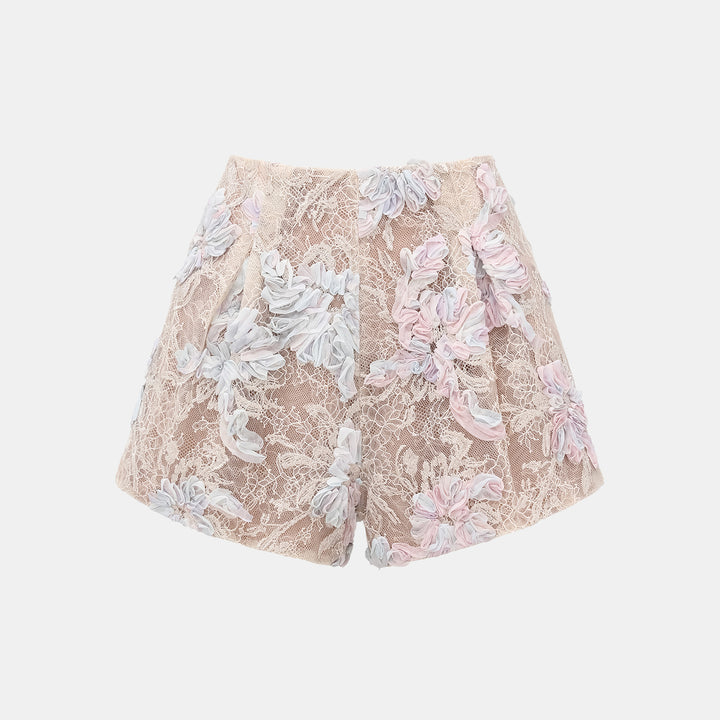 "Imperial Garden Teatime." Dyed Satin Lace Shorts — Dawn Mist Bloom 