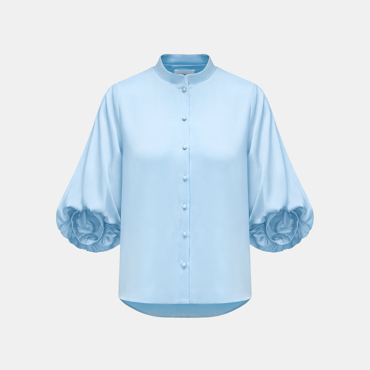 “秋意" 100% 桑蠶絲雪紡國風七分袖襯衫 — 天空藍