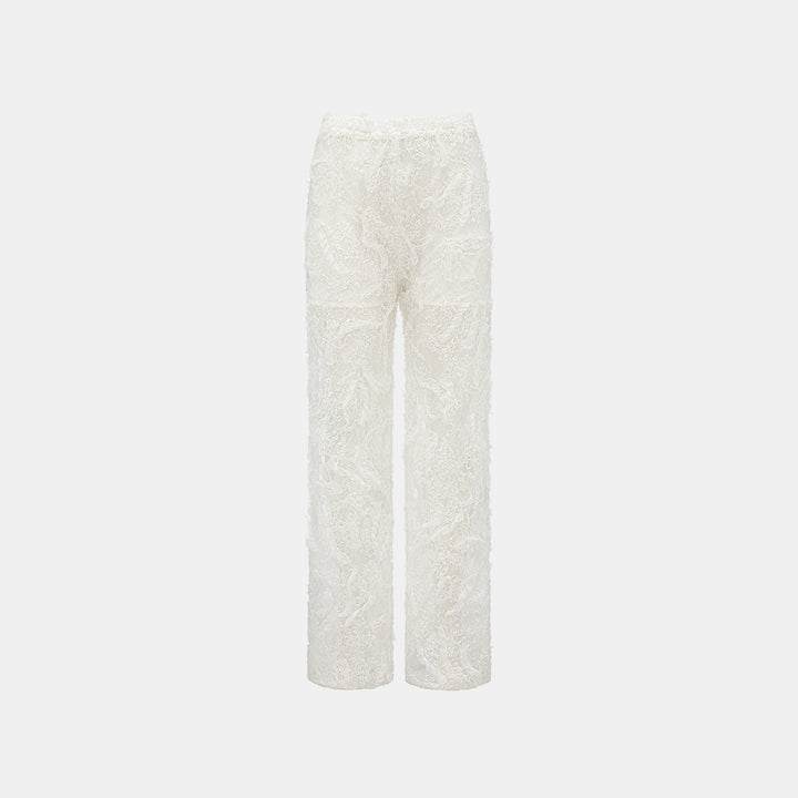 "Weekend at Monaco." Luxurious beaded lace trousers—Lucent Haze