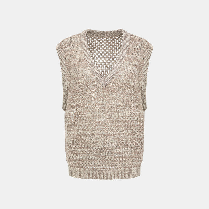 "Chelsea Citywalk." 100% Cashmere 亮片蕾絲編織工藝針織背心—Almond Cappuccino