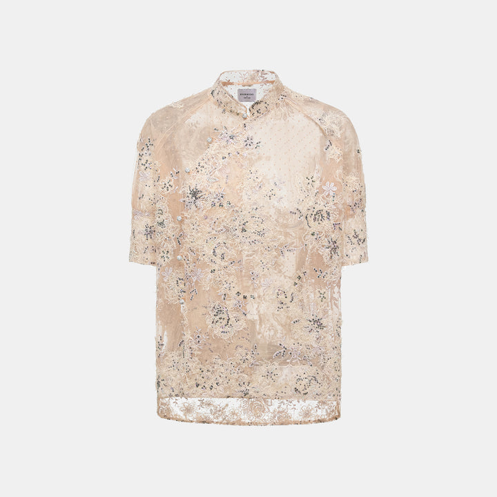 "Imperial Gala." Luxurious lace and beaded Chinese style short-sleeved blouse 