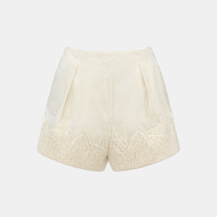 "Imperial Garden Teatime" 義大利真絲絲絨簇繡織花輕國風短褲—Snowlit Bloom雪映花箋