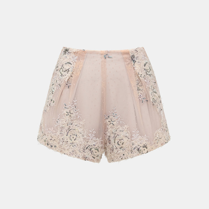 "Imperial Gala." Luxe lace and beaded shorts 