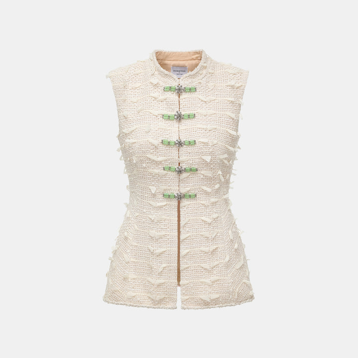 “春意” 輕薄花呢立體剪裁輕國風馬甲上衣—茶白聽風