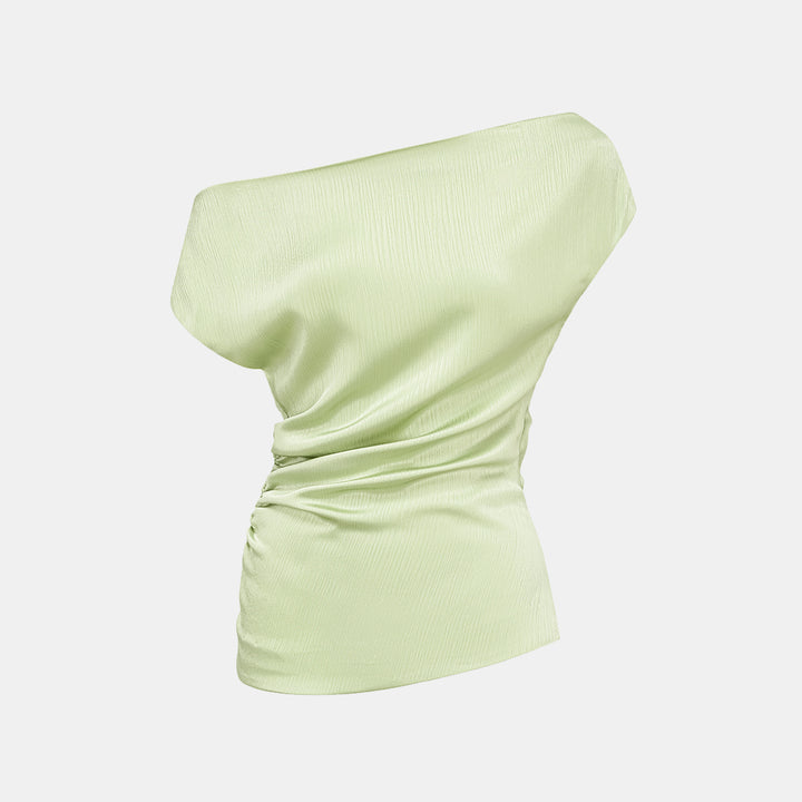 “Easy Go Chic” 韓國壓褶工藝面料斜肩上衣—氣泡綠