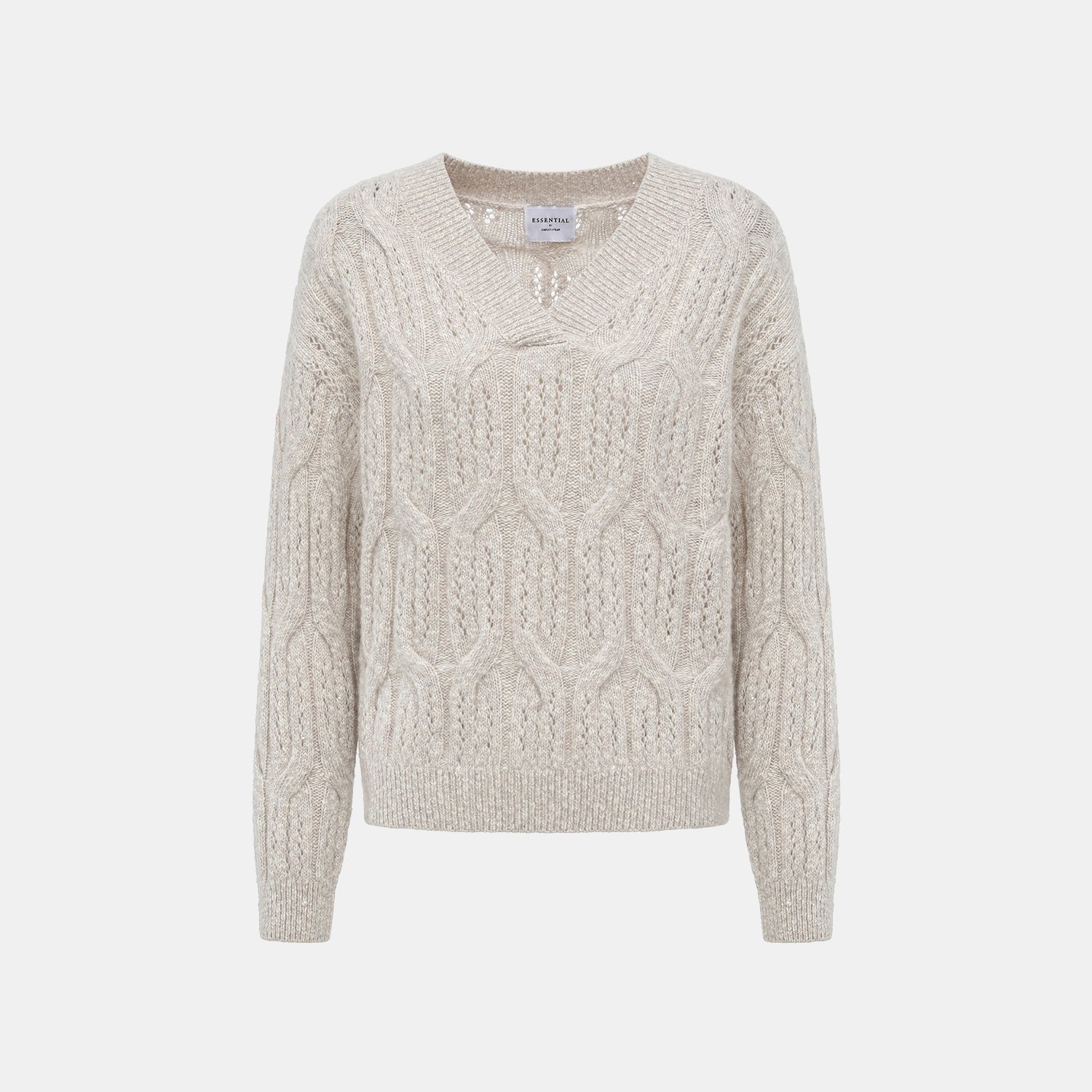 “Winter Diary” 100% Cashmere極細絨柔鏤空蜂格紋星點V領上衣—Fog Beige 霧幕杏灰