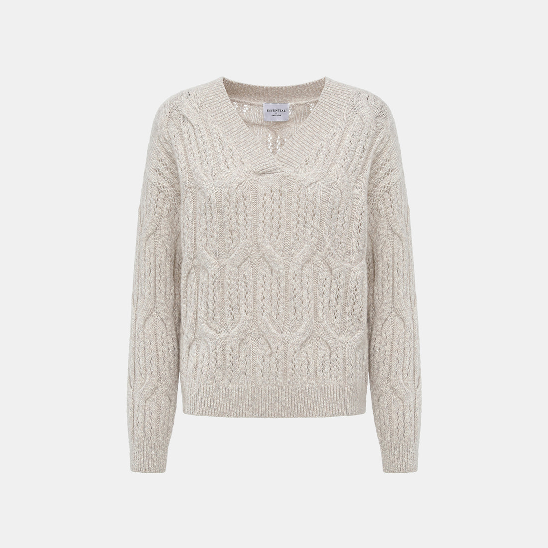 “Winter Diary” 100% Cashmere極細絨柔鏤空蜂格紋星點V領上衣—Fog Beige 霧幕杏灰