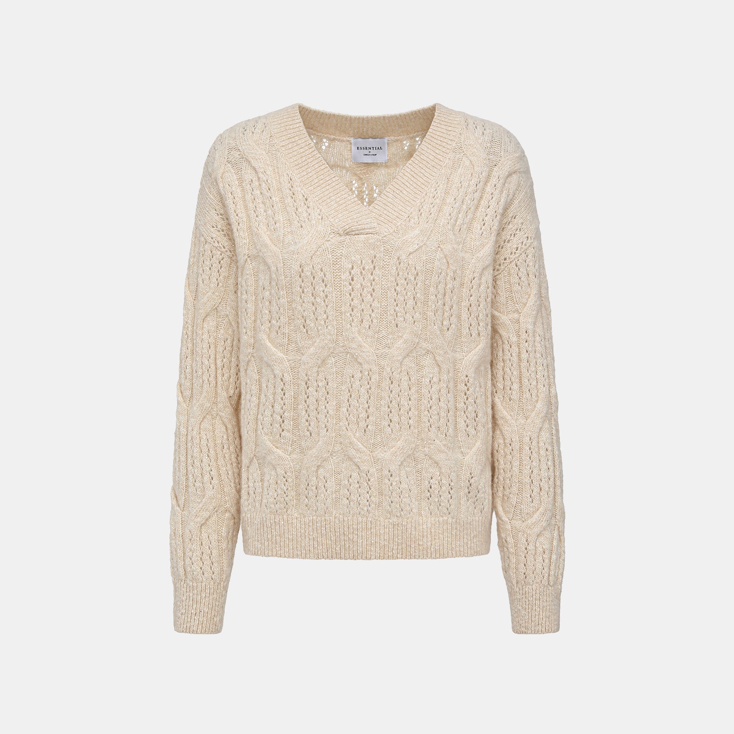 “Winter Diary” 100% Cashmere極細絨柔鏤空蜂格紋星點V領上衣—Morning Oat 晨光燕麥