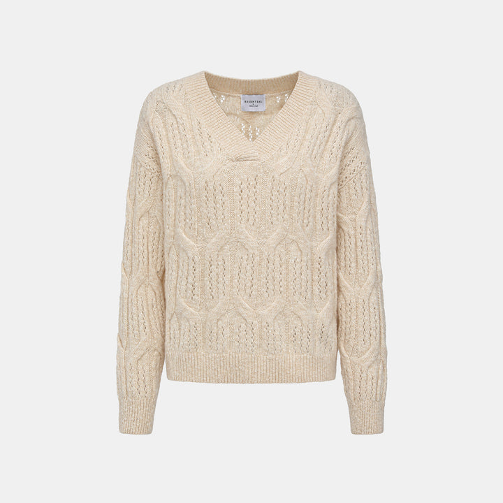 “Winter Diary” 100% Cashmere極細絨柔鏤空蜂格紋星點V領上衣—Morning Oat 晨光燕麥