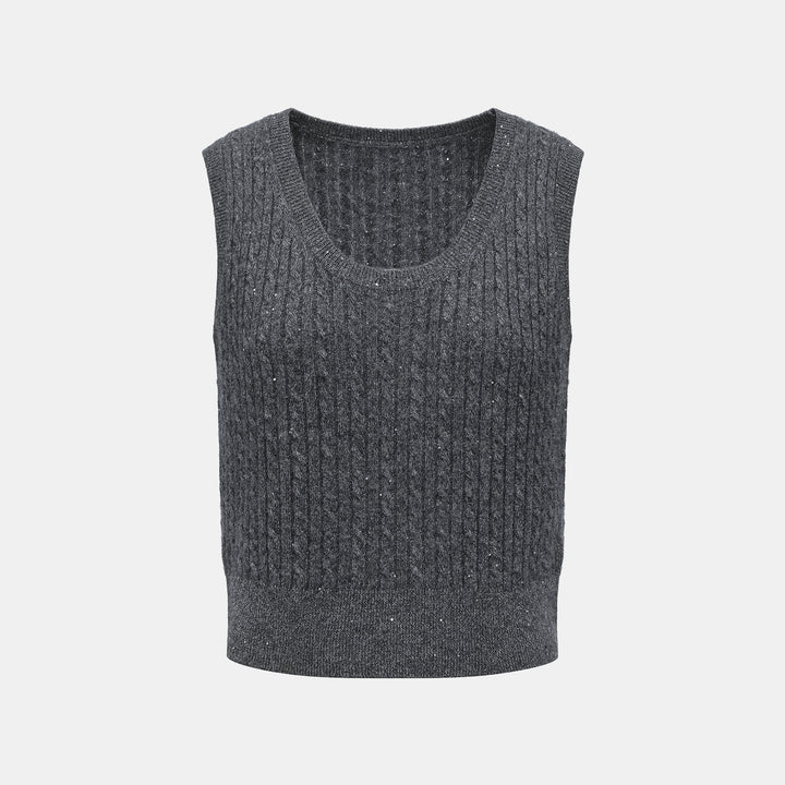 “Autumn Diary” 100% Cashmere 亮片麻花編織針織背心—Cedar Smoke雪松煙衫