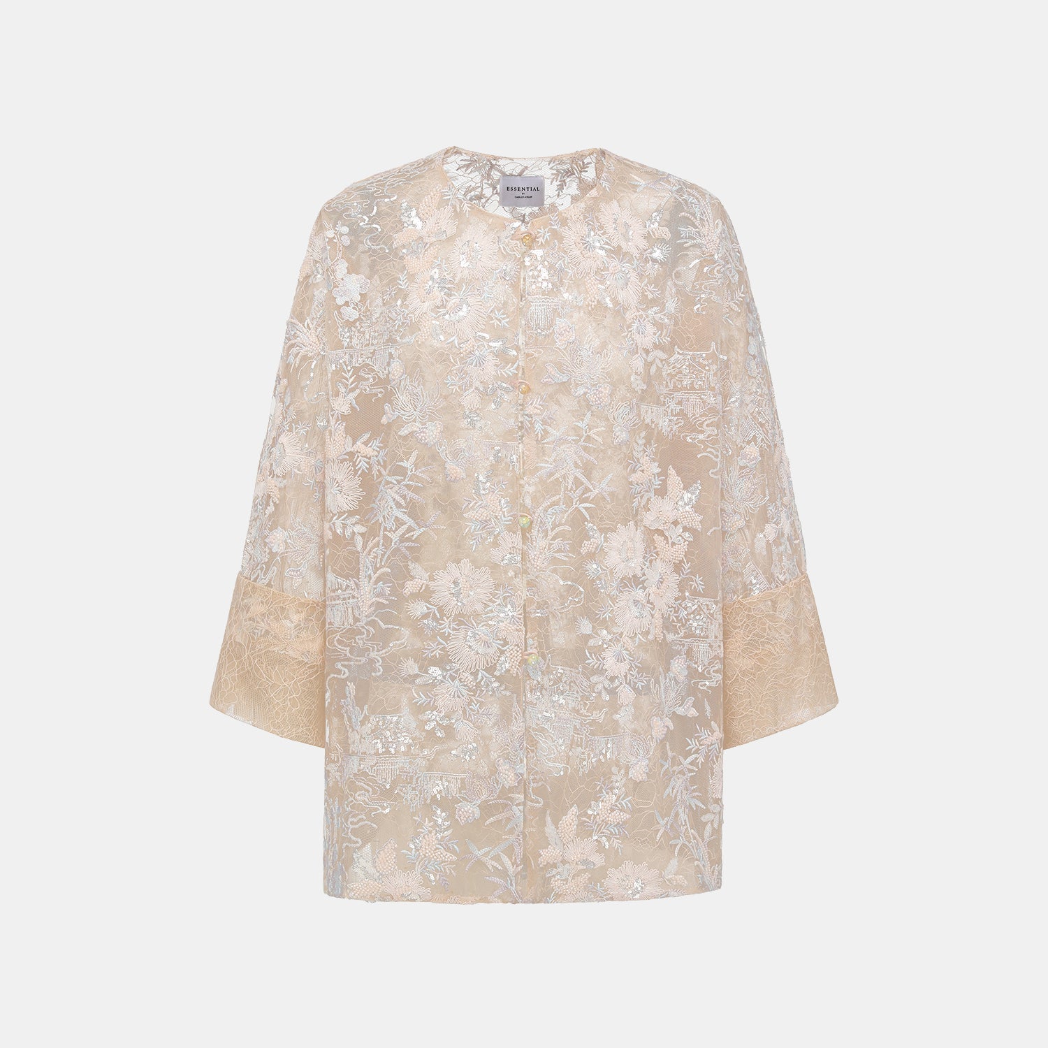 "Imperial Garden Teatime"點景白描奢華珠繡蕾絲輕國風Oversized罩衫—Petal Silhouette花間影