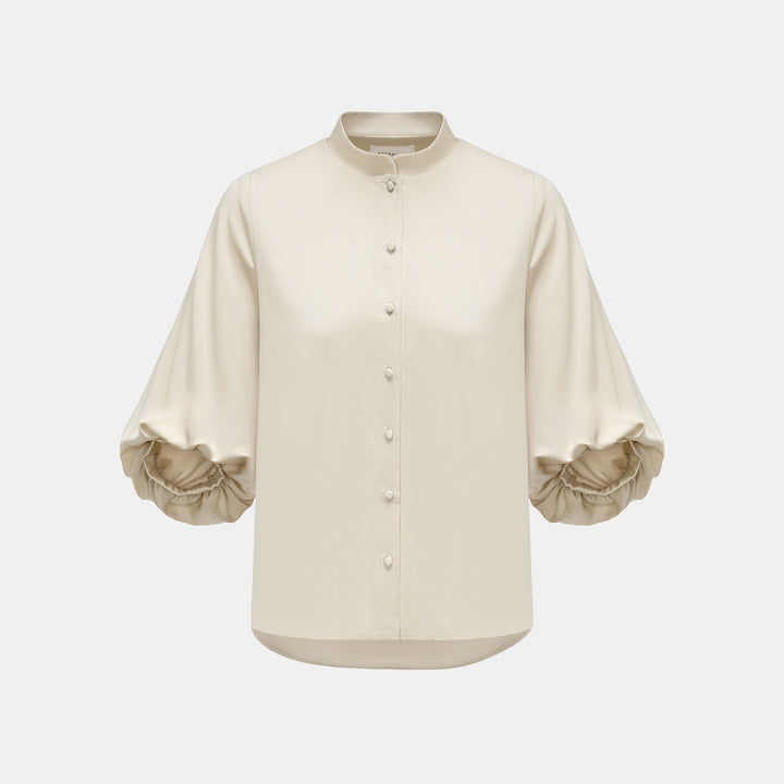 “秋意" 100% 桑蠶絲雪紡國風七分袖襯衫 — 淺啞金