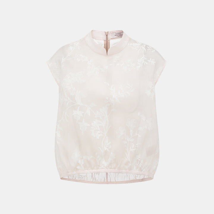 Spring” Italian high-end custom-made silk organza light Chinese style top with painting and printing technology - Frosty Flower Shadow