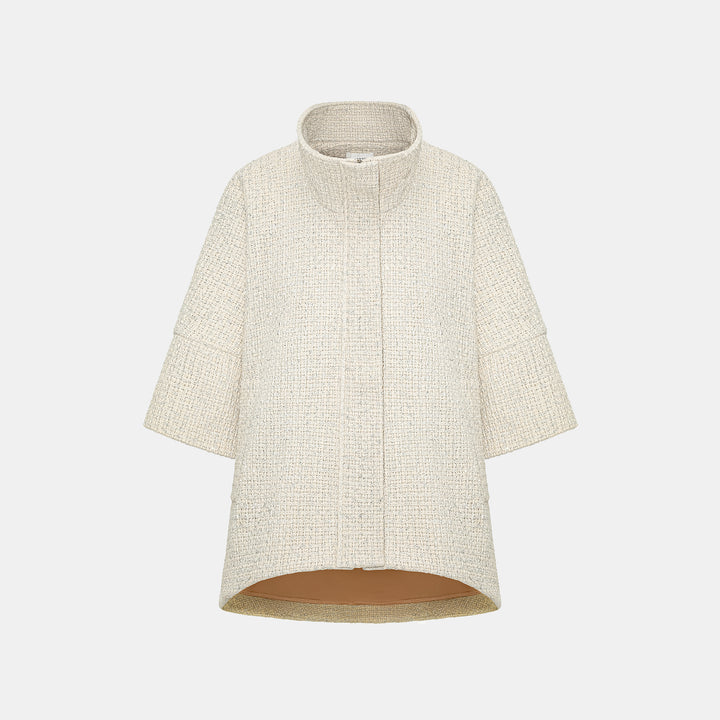 "Tokyo Hours" Tweed Cape Coat with Large Lapel - Woven White 
