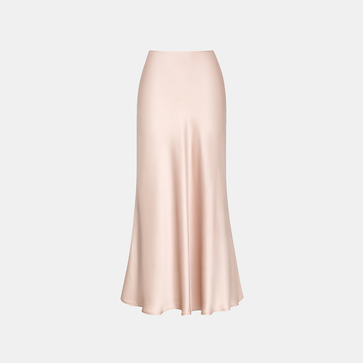 “Daytime sparkle.” Satin draped below-the-knee skirt—nude pink 