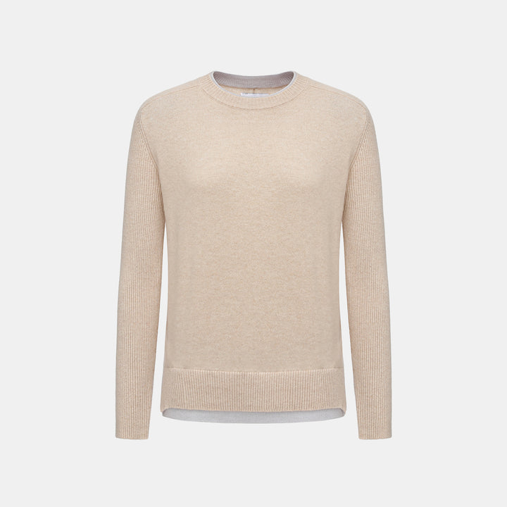 “Winter Diary” 100% Cashmere假兩件式羅紋拼接針織上衣—Soft Sand柔沙暖杏