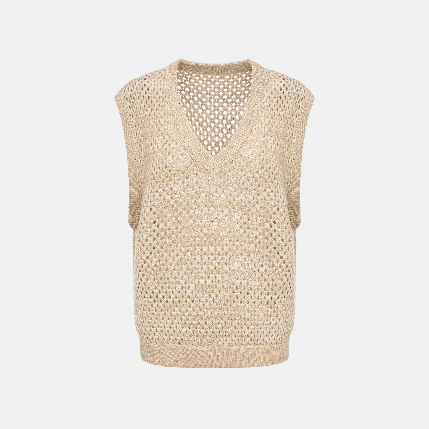 "Chelsea Citywalk." 100% Cashmere 亮片蕾絲編織工藝針織背心—Honey Latte