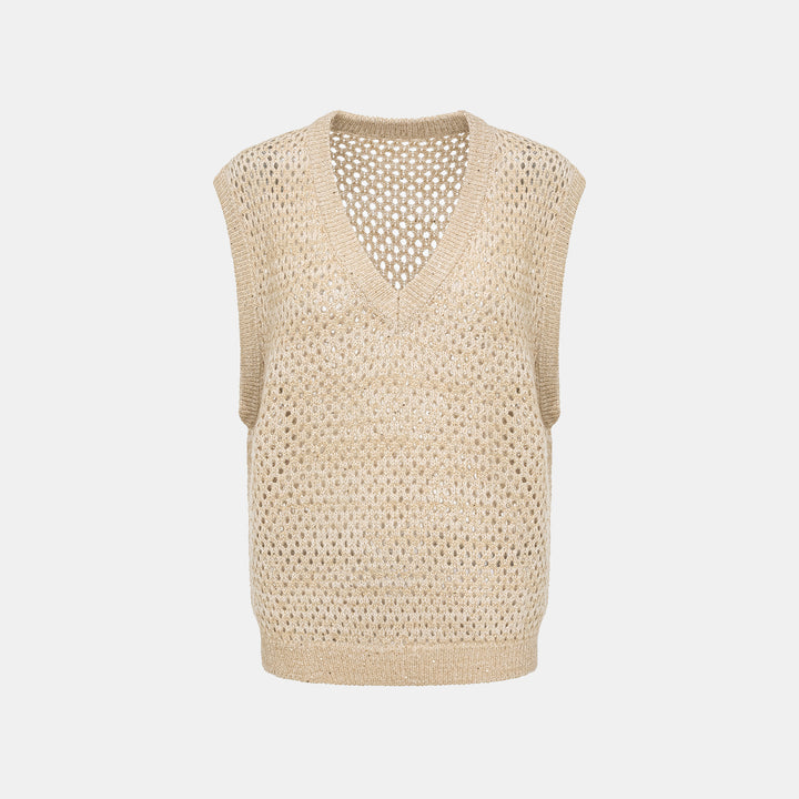 "Chelsea Citywalk." 100% Cashmere 亮片蕾絲編織工藝針織背心—Honey Latte