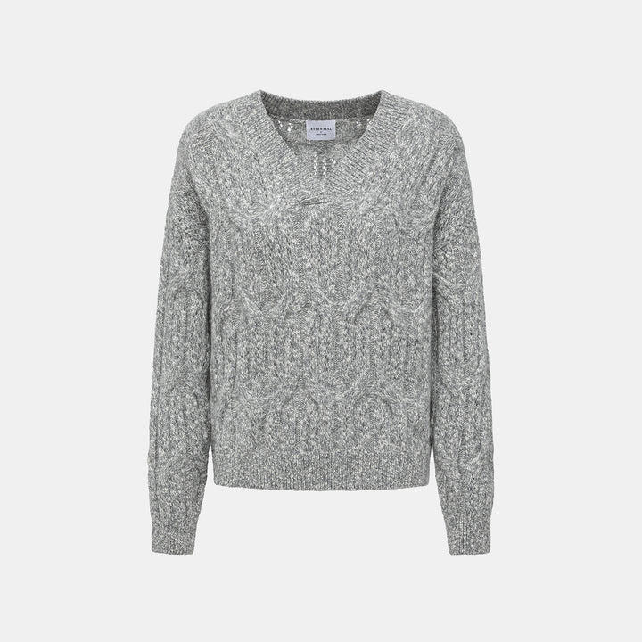 “Winter Diary” 100% Cashmere極細絨柔鏤空蜂格紋星點V領上衣—Ash Cloud 灰霧雲嶺