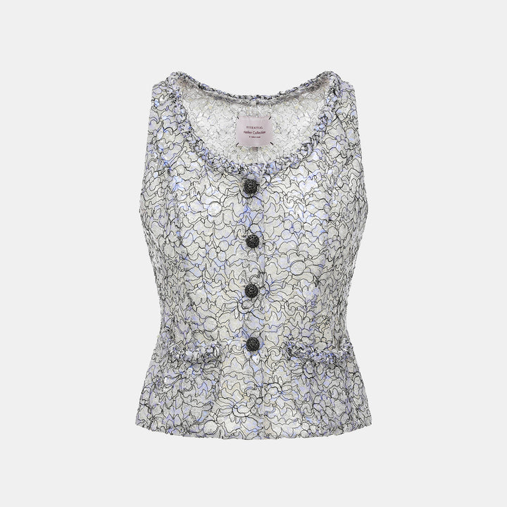 “Quiet Mastery.”法國頂級虹彩鍍光銀織描繡蕾絲馬甲背心—Dreamveil Garden夢霧花園