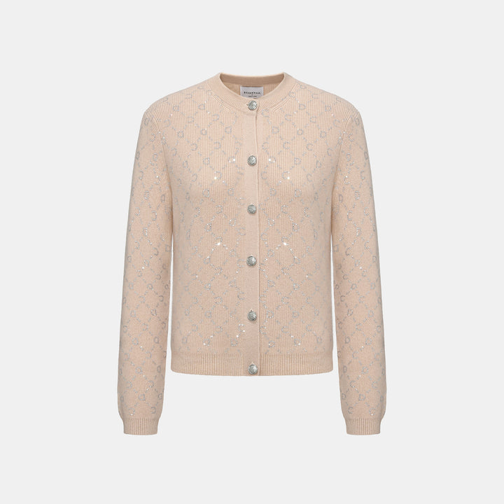 “Autumn Diary” 100% Cashmere立體鑽飾Monogram嵌花針織外套—Almond Cream杏仁奶霜