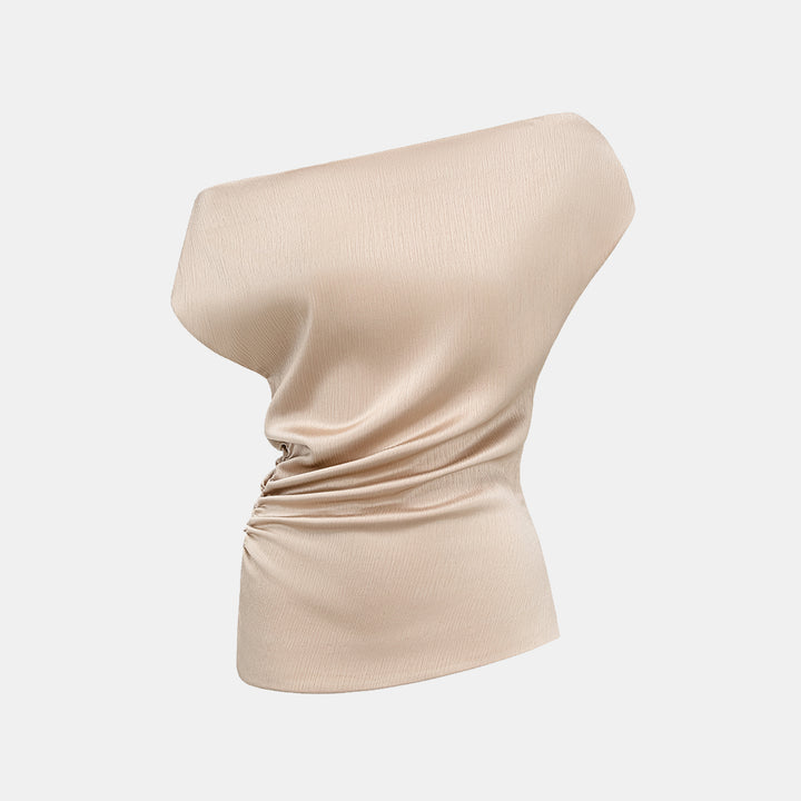 “Easy Go Chic” 韓國壓褶工藝面料斜肩上衣—裸金