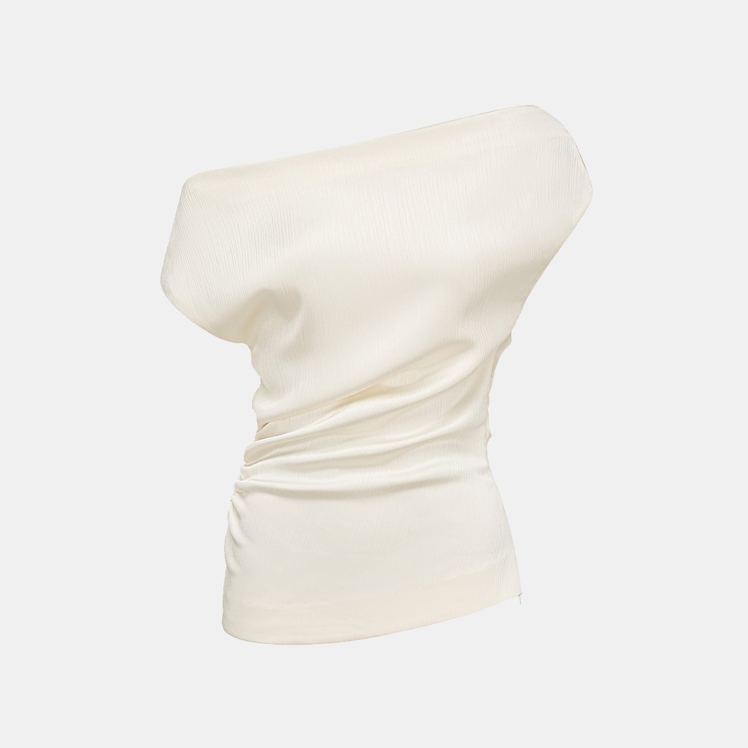 “Easy Go Chic” 韓國壓褶工藝面料斜肩上衣—原白