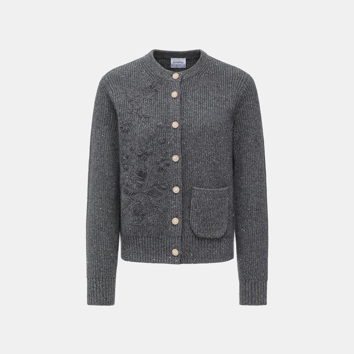 “Winter Diary” 100%Cashmere浮雕緞繡星點針織外套—Cedar Smoke雪松煙衫