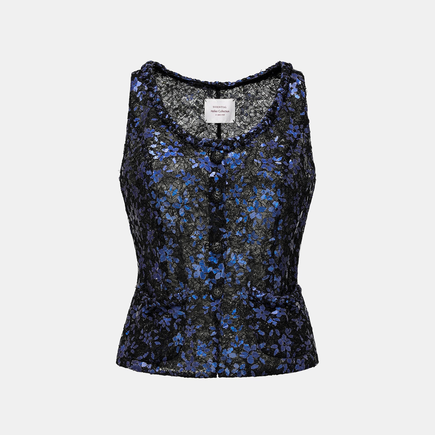 “Quiet Mastery.”法國頂級虹彩鍍光浮雕織花蕾絲馬甲背心—Blooming Allure紫夜花詠