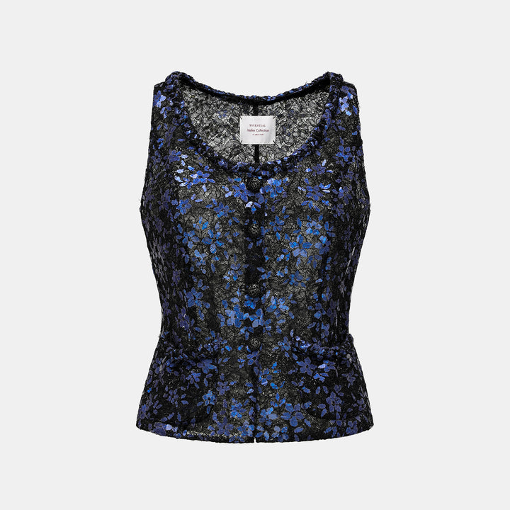 “Quiet Mastery.”法國頂級虹彩鍍光浮雕織花蕾絲馬甲背心—Blooming Allure紫夜花詠