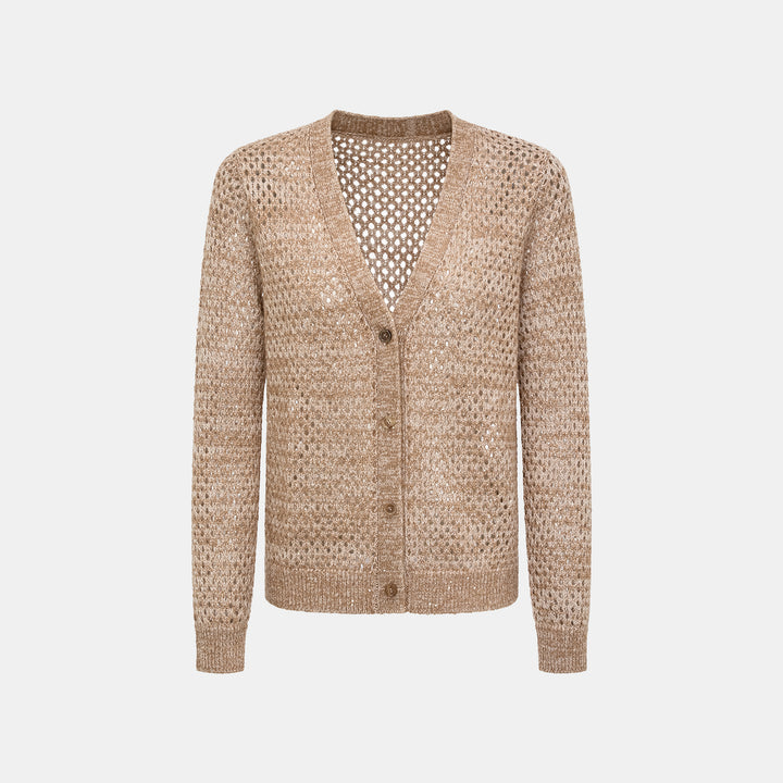 "Chelsea Citywalk." 100% Cashmere 亮片蕾絲編織工藝針織開衫—Cinnamon Latte