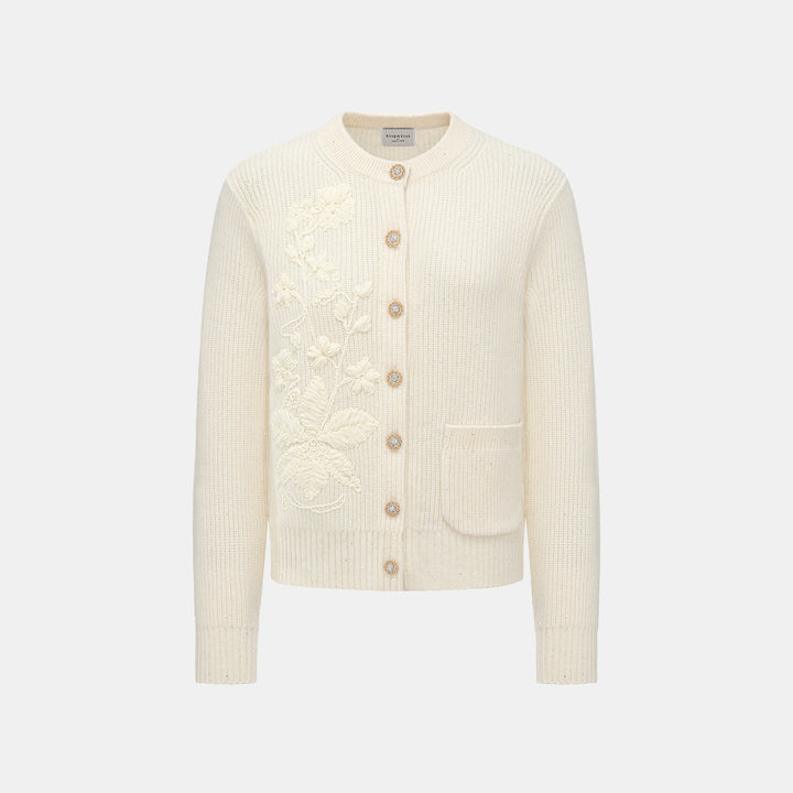 “Winter Diary” 100%Cashmere浮雕緞繡星點針織外套—Sandal Light檀香白茶