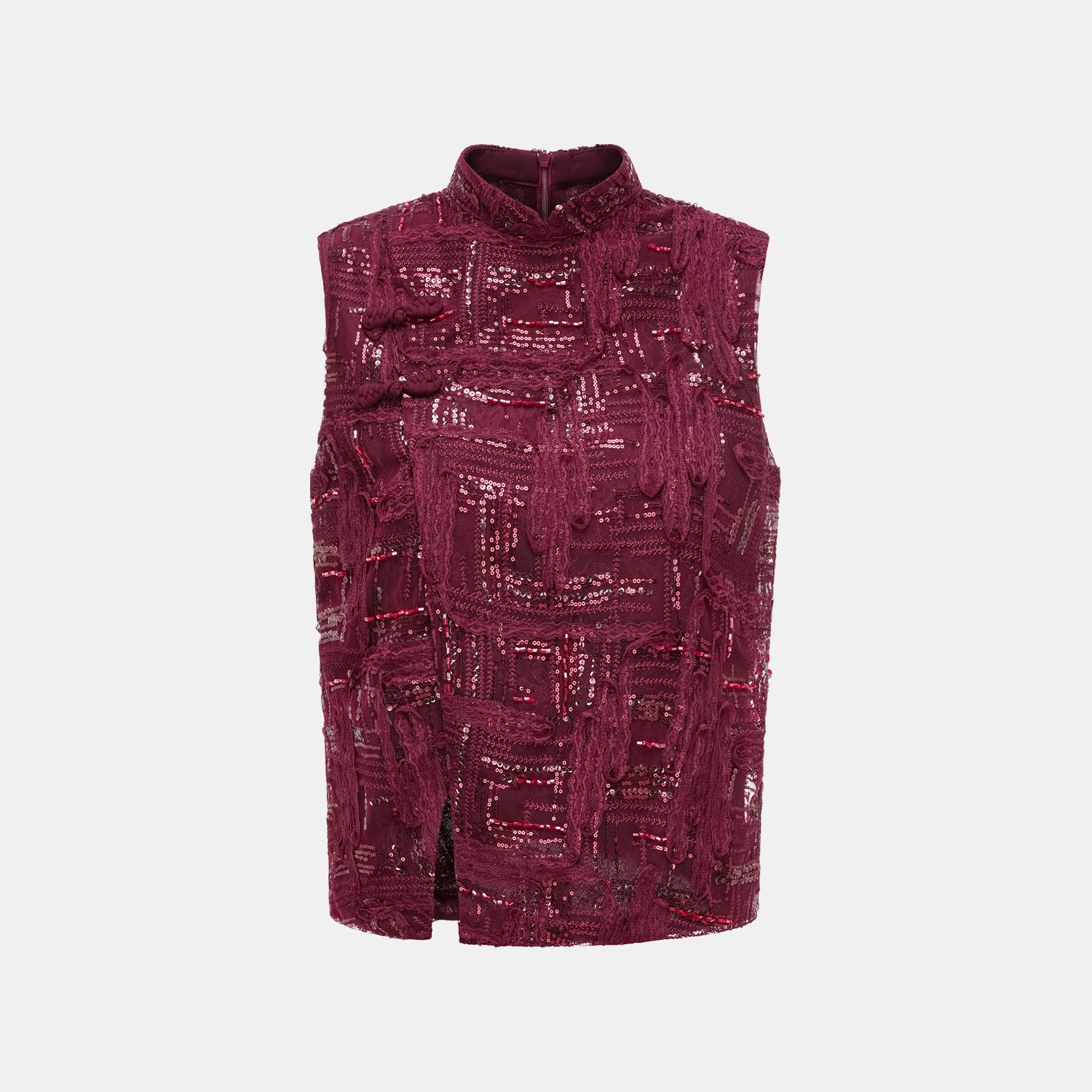 "Imperial Gala" 奢華蕾絲畫藝珠繡輕中式立上衣—胭霞含春