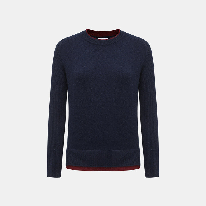 “Winter Diary” 100% Cashmere假兩件式羅紋拼接針織上衣—Velvet Navy靜夜沉藍