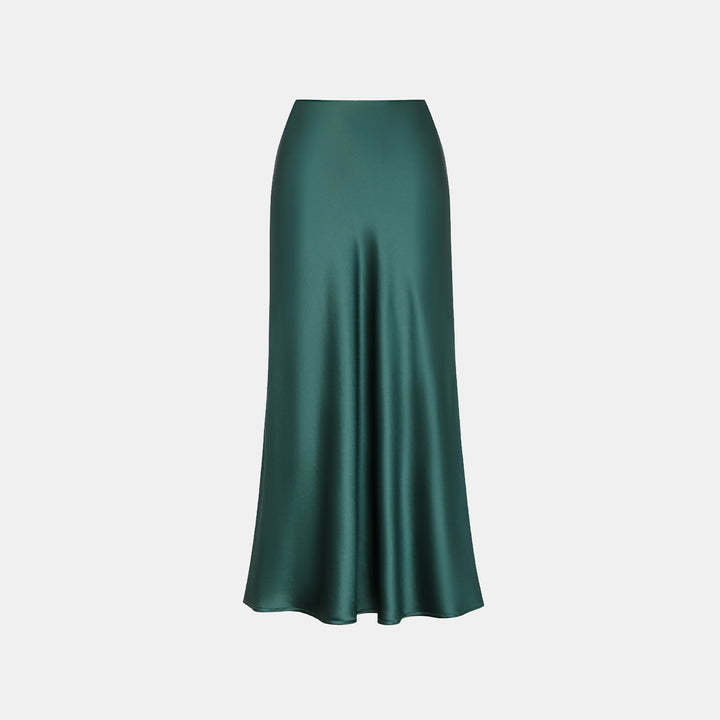 “Daytime sparkle.” Satin draped below-the-knee skirt—Emerald 
