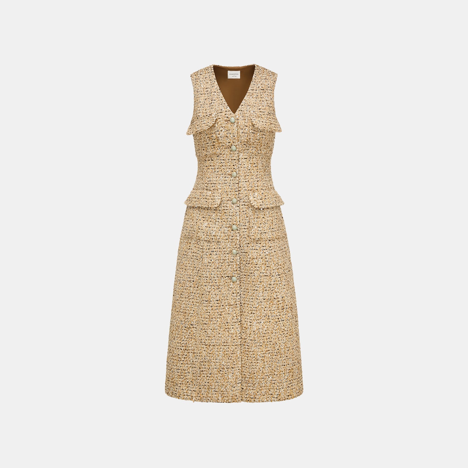 “Brunch at Ritz.” Tweed Long Vest Dress—Golden Hours 