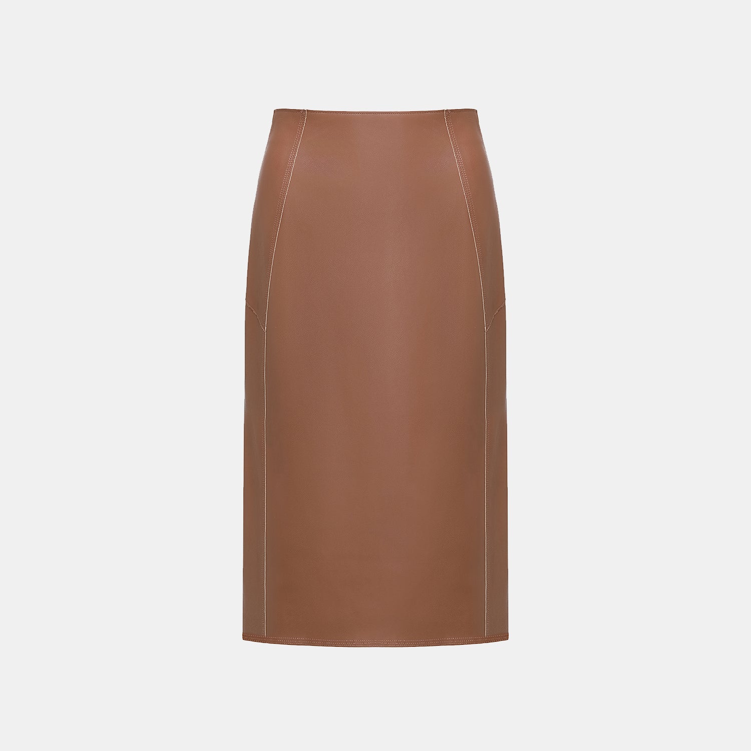 "Easy-go Chic" Vegan Leather Cut Pencil Skirt - Honey Brown 