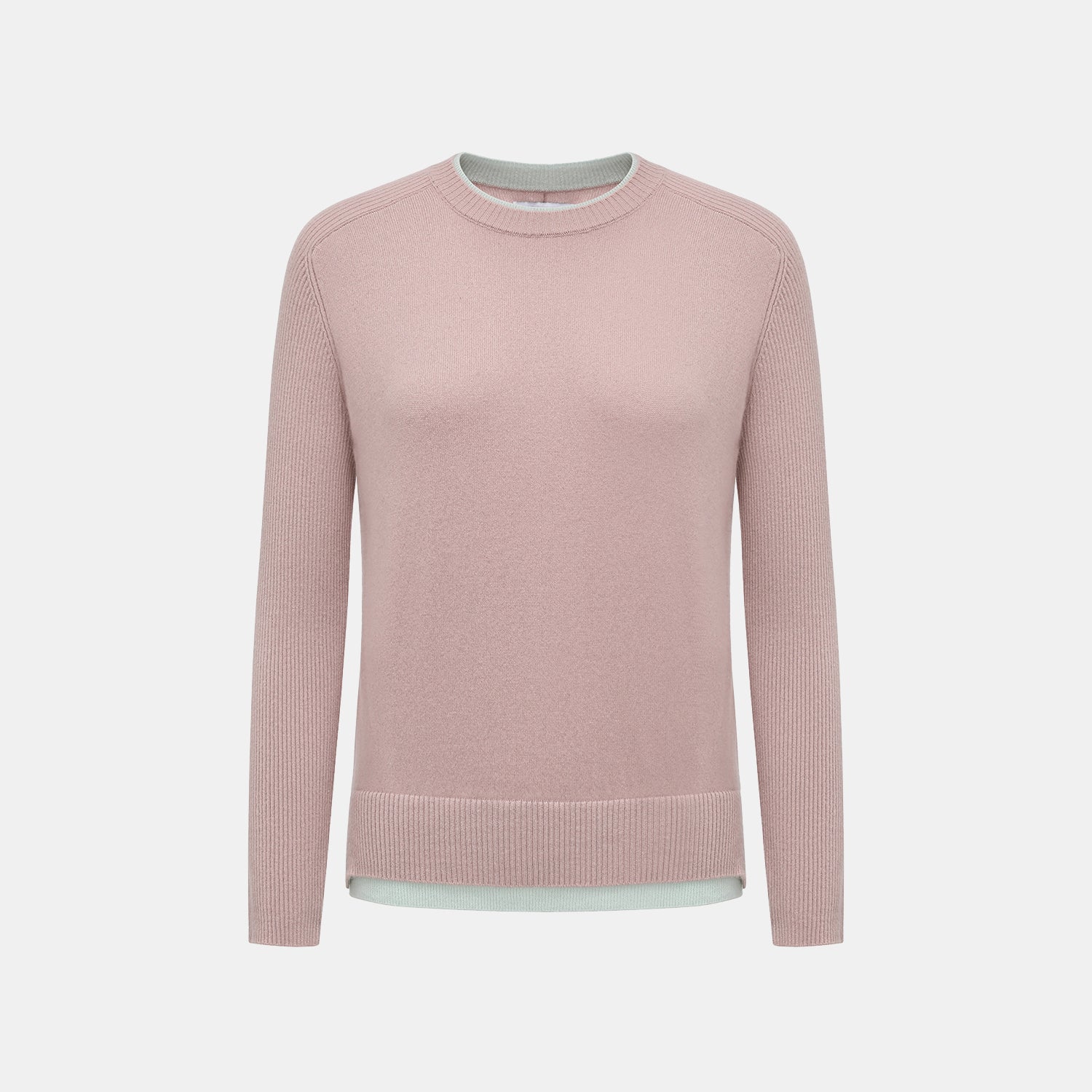 “Winter Diary” 100% Cashmere假兩件式羅紋拼接針織上衣—Blush Haze薄霧櫻粉