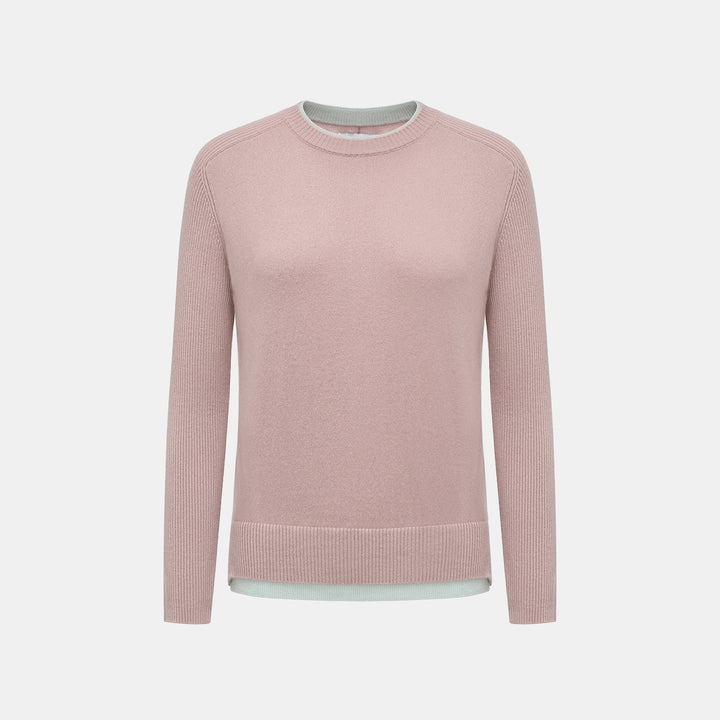 “Winter Diary” 100% Cashmere假兩件式羅紋拼接針織上衣—Blush Haze薄霧櫻粉